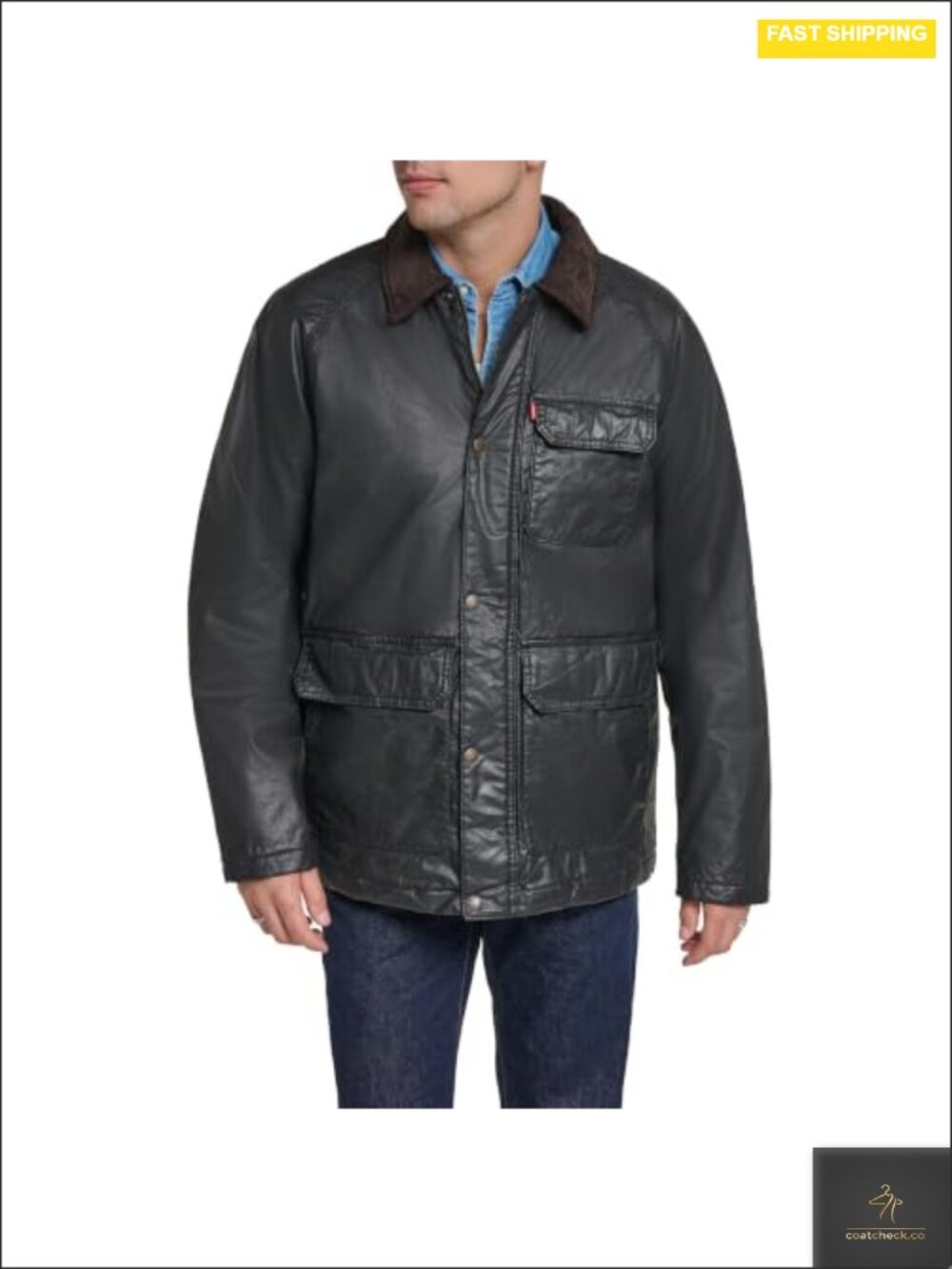 Men's Cotton Barn Jacket with Corduroy Collar Snap Front